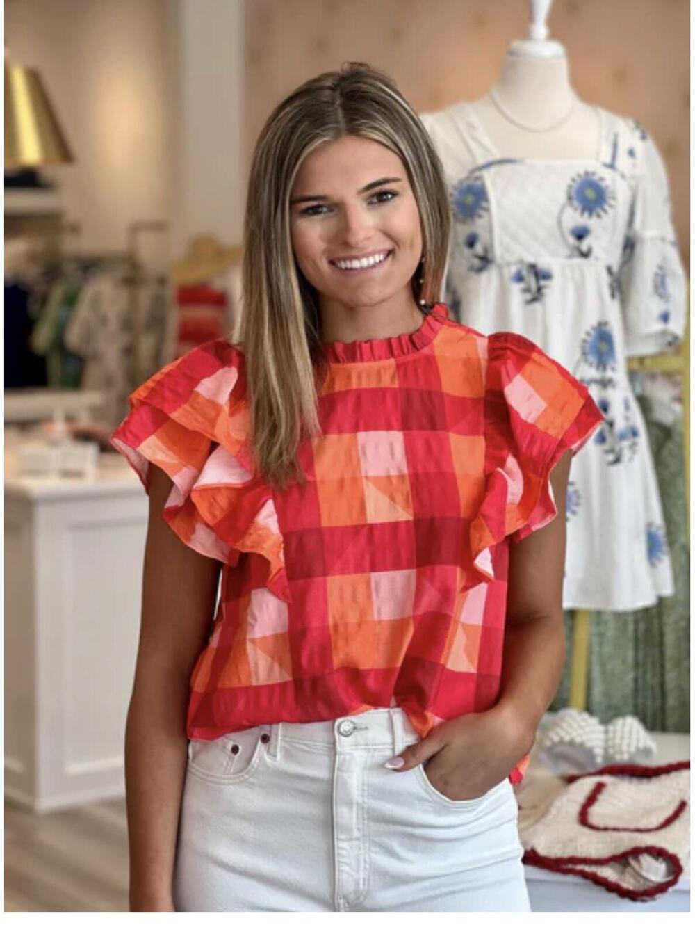 THML Checkered Short Sleeve Blouse Sizes M BNWT